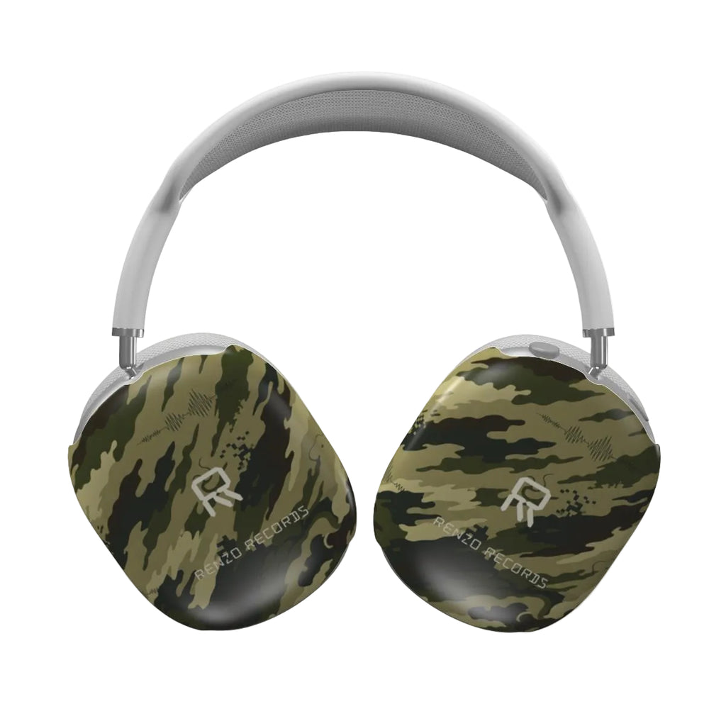 Camouflage-patterned headphones on a white background